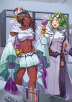  2girls absurdres brown_eyes brown_hair candy candy_hair_ornament circlet crop_top dark-skinned_female dark_skin delicious_brain eyewear_on_head fire_emblem fire_emblem:_the_sacred_stones fire_emblem_engage fire_emblem_heroes flask food food-themed_hair_ornament ghost_hair_ornament green_eyes green_hair hair_ornament highres holding holding_candy holding_food l&#039;arachel_(fire_emblem) l&#039;arachel_(halloween)_(fire_emblem) lollipop long_sleeves looking_at_another midriff multiple_girls navel official_alternate_costume open_mouth ponytail skirt smile teeth timerra_(fire_emblem) timerra_(halloween)_(fire_emblem) upper_teeth_only 