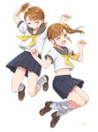  2girls arms_up black_skirt blush bow breasts brown_eyes brown_footwear brown_hair clenched_hands closed_eyes dot_nose full_body futami_ami futami_mami grey_sailor_collar grin hair_bobbles hair_bow hair_ornament hands_up highres idolmaster idolmaster_(classic) idolmaster_million_live! idolmaster_million_live!_theater_days jumping loafers long_hair looking_at_viewer loose_socks midriff_peek multiple_girls navel neckerchief one_eye_closed open_mouth oq pleated_skirt pocket sailor_collar school_uniform serafuku shirt shoes short_hair short_sleeves siblings side_ponytail signature simple_background sisters skirt small_breasts smile socks teeth twins white_background white_shirt white_socks yellow_bow yellow_neckerchief 