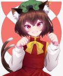  1girl :d animal_ear_fluff animal_ear_piercing animal_ears blush bow bowtie brown_hair cat_ears cat_tail chen commentary_request crossed_bangs dot_nose double-parted_bangs earrings eyelashes fangs flat_chest gold_trim green_headwear hair_between_eyes hands_up hat highres jewelry kisaragi_koushi long_sleeves looking_at_viewer mob_cap multiple_tails nekomata open_mouth outline paw_pose puffy_long_sleeves puffy_sleeves red_background red_eyes red_skirt red_vest short_hair simple_background single_earring skin_fangs skirt skirt_set slit_pupils smile solo tail touhou two_tails upper_body vest white_outline yellow_bow yellow_bowtie 