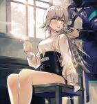  1girl 1other arknights arm_support artist_name black_shorts blue_jacket blush breasts brushing_another&#039;s_hair brushing_hair commentary commission cup doctor_(arknights) fartooth_(arknights) feather_hair feet_out_of_frame grey_hair hair_brush head_out_of_frame high-waist_shorts holding holding_cup holding_hair_brush indoors jacket long_hair looking_at_another looking_back medium_breasts mug nitou_akane on_chair open_mouth shirt shorts sitting skeb_commission white_shirt window yellow_eyes 