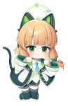  1girl :3 :d absurdres animal_ear_headphones animal_ears black_shorts black_thighhighs blue_archive blue_necktie blunt_bangs cat_ear_headphones cat_tail chibi coat collared_shirt commentary fake_animal_ears fake_tail full_body green_eyes hair_ribbon halo headphones highres knees_together_feet_apart long_sleeves looking_at_viewer metaljelly momoi_(blue_archive) necktie open_clothes open_coat orange_hair parted_bangs paw_pose ribbon school_uniform shirt short_hair shorts sidelocks simple_background smile solo suspenders tail thighhighs tress_ribbon white_background white_coat white_shirt zettai_ryouiki 