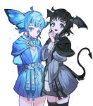  2girls :d :o alternate_form arms_behind_back bat_wings belt black_capelet black_footwear black_hair blue_capelet blue_dress blue_eyes blue_gemstone blue_hair blue_wings boots brooch butterfly_wings capelet collared_dress colored_eyelashes commentary cowboy_shot cowlick demon_tail dress fangs final_fantasy final_fantasy_xiv from_side gem grey_dress grey_eyes hair_twirling hand_up head_wings highres jewelry juliet_sleeves long_sleeves looking_at_viewer meteion multiple_girls open_mouth puffy_sleeves short_hair simple_background slit_pupils smile sparkle standing symbol-only_commentary tail tassel thigh_boots white_background wings wuliu_heihuo 