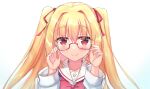  1girl adjusting_eyewear bespectacled blonde_hair blush c: close-up closed_mouth commentary eyelashes eyes_visible_through_hair glasses hair_between_eyes hair_intakes hair_ribbon hands_up igarashi_kenji irotoridori_no_sekai long_hair long_sleeves looking_at_viewer nikaidou_shinku red-framed_eyewear red_eyes red_ribbon ribbon sailor_collar school_uniform semi-rimless_eyewear serafuku simple_background smile solo straight_hair tsurime two_side_up white_background white_sailor_collar 