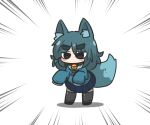  1girl animal_ear_fluff animal_ears bell black_footwear blue_collar blue_eyes blue_hair blue_neckerchief blue_shirt blue_skirt borrowed_character chibi collar commentary_request emphasis_lines fox_ears fox_girl fox_tail fuka-chan full_body fusion grey_thighhighs jingle_bell kemomimi-chan_(naga_u) neck_bell neckerchief original pleated_skirt sailor_collar shirt short_eyebrows simple_background skirt sleeves_past_fingers sleeves_past_wrists solo standing tail thick_eyebrows thighhighs uni_souchou v-shaped_eyebrows white_background white_sailor_collar zouri 