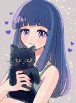  1girl :3 animal bare_arms bare_shoulders black_cat blue_hair blunt_bangs blunt_ends blush cat closed_mouth commentary eyelashes fingernails furude_rika grey_background heart highres higurashi_no_naku_koro_ni hime_cut holding holding_animal holding_cat long_hair looking_at_viewer nauka purple_eyes sidelocks sleeveless solo straight_hair symbol-only_commentary upper_body 