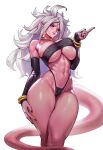  1girl abs android_21 artist_name bandeau black_bandeau black_nails black_panties black_sclera bracelet breasts cameltoe colored_sclera colored_skin detached_sleeves dragon_ball dragon_ball_fighterz earrings fingernails gold_bracelet gold_earrings gold_necklace gold_trim hand_on_own_hip highres huge_breasts jewelry long_hair looking_at_viewer majin_android_21 messy_hair muscular muscular_female nail_polish navel neck_ring necklace panties pink_skin red_eyes sayanestia sidelocks simple_background smile solo stomach tail thick_thighs thighs underwear white_background white_hair 