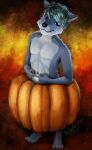  anthro canid canine food fruit hi_res looking_at_viewer male mammal plant pumpkin simple_background smile solo wandering_floof 