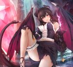  1girl black_hair braid breasts character_request corset cuffs dangle_earrings demon_girl demon_horns demon_tail demon_wings earrings foley_anden heart heart_earrings highres horns jewelry large_breasts long_hair looking_at_viewer magic midriff_peek seikishi_ricca_no_monogatari skirt smile solo tail thigh_strap torn_clothes torn_skirt wings 