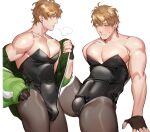  1boy bara black_gloves black_leotard blonde_hair blush bulge closed_mouth fingerless_gloves gloves green_jacket highres jacket large_pectorals leotard male_focus male_playboy_bunny meme_attire muscular muscular_male nu_carnival obtish4ld one_eye_closed open_clothes open_jacket pantyhose pectorals quincy_(nu_carnival) reverse_bunnysuit reverse_outfit short_hair simple_background solo strapless strapless_leotard white_background 