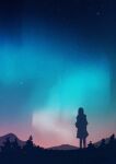  1other aurora axleaki commentary from_behind highres mountainous_horizon night night_sky original outdoors scenery silhouette sky sky_focus solo sparkle standing star_(sky) starry_sky 