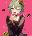  1girl azit_(down) black_choker blush brown_shirt choker collarbone commentary_request covered_mouth food food_on_face green_hair hair_between_eyes hand_up heart holding holding_food kusanagi_nene long_sleeves looking_at_viewer pink_background project_sekai puffy_long_sleeves puffy_sleeves purple_eyes shirt short_hair signature simple_background solo 