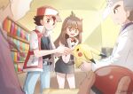  1girl 3boys :d absurdres belt belt_buckle black_belt black_shirt blue_oak blurry blurry_foreground bookshelf brown_eyes brown_hair buckle ceiling closed_mouth coat commentary_request day dress eyelashes gloves green_(pokemon) hat highres holding holding_poke_ball holding_pokemon indoors jacket jewelry long_hair mocha_fushigi multiple_boys necklace open_clothes open_jacket open_mouth pants pikachu poke_ball poke_ball_(basic) pokemon pokemon_(creature) pokemon_(game) pokemon_lgpe purple_shirt red_(pokemon) red_headwear samuel_oak shirt short_dress short_hair smile white_coat white_gloves window 