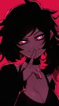  1girl absurdres ashley_graves black_hair blush breasts cleavage finger_to_mouth glowing glowing_eyes highres large_breasts lewdicy looking_at_viewer medium_hair pink_eyes red_background shushing simple_background smile solo the_coffin_of_andy_and_leyley upper_body 