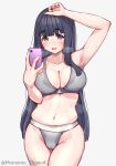  1girl :d armpits black_hair blunt_bangs blush bra breasts cellphone cleavage gems_company grey_bra grey_panties groin hase_mikoto highres holding holding_phone looking_at_viewer navel panties phone purple_eyes smartphone smile solo sweat underwear underwear_only virtual_youtuber yoshiwa_tomo 