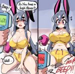  1girl absurdres animal_ears bongfill breasts cleavage collarbone covered_nipples disembodied_limb grey_hair highres large_breasts long_hair micro_shorts one_eye_closed open_mouth original purple_eyes rabbit_ears rabbit_girl rabbit_tail shorts tail tank_(bongfill) teeth upper_teeth_only yellow_shorts 