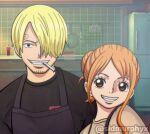  1boy 1girl artist_name blonde_hair cigarette facial_hair hair_over_one_eye highres kitchen long_hair looking_at_viewer nami_(one_piece) one_piece orange_hair refrigerator sanji_(one_piece) short_hair sidmurphyx smile 