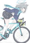  1girl animal_ear_fluff animal_ears bicycle blue_archive blue_eyes blue_jacket blue_scarf blush commentary gloves green_gloves grey_hair grey_skirt ground_vehicle highres jacket masabodo motion_lines plaid plaid_skirt riding riding_bicycle scarf shiroko_(blue_archive) shirt short_hair simple_background skirt smile solo symbol-only_commentary white_background white_shirt wolf_ears 