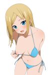  1girl :d absurdres arm_behind_back bikini blonde_hair blue_bikini blue_eyes blush braid breasts coro_fae dot_nose hayasaka_ai highres kaguya-sama_wa_kokurasetai_~tensai-tachi_no_renai_zunousen~ leaning_forward long_hair medium_breasts navel nipples one_breast_out open_mouth paid_reward_available side-tie_bikini_bottom side_braid simple_background smile solo stomach swimsuit white_background 