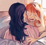  2girls black_hair closed_eyes crying hand_on_another&#039;s_head highres indoors lower_teeth_only multiple_girls nami_(one_piece) nico_robin one_piece orange_hair parted_lips teeth tongue yingchencat yuri 