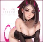  1girl all_fours animal_ears black_choker black_hair breasts choker cleavage extra_ears facial_mark forehead_mark freckles highres horns kittew looking_at_viewer medium_breasts mole mole_on_arm mole_on_breast original short_hair smile solo stylus web_address 