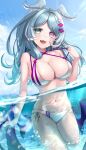  1girl absurdres bikini blue_eyes blue_hair blue_wings blush breasts elira_pendora fang hair_ornament head_wings heterochromia highres in_water large_breasts long_hair multicolored_hair nijisanji nijisanji_en purple_eyes reityana skin_fang solo swimsuit virtual_youtuber white_bikini white_hair wings x_hair_ornament 