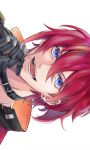  1boy belt blue_eyes close-up earrings hair_between_eyes hand_on_own_chin highres honkai:_star_rail honkai_(series) jewelry looking_at_viewer luka_(honkai:_star_rail) male_focus mechanical_arms ngarana_dann open_mouth red_hair short_hair simple_background single_mechanical_arm smile solo v-shaped_eyebrows white_background 