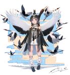  1girl :o absurdres ankle_ribbon arms_behind_back bare_shoulders bird bird_wings black_footwear blonde_hair blue_background blue_eyes blunt_bangs border chinese_clothes clothing_cutout crane_(animal) dress full_body grey_dress hair_ornament highres jianxia_qingyuan_(series) jianxia_qingyuan_online_3 leg_ribbon long_hair looking_up outside_border ribbon shoulder_cutout signature solo two-tone_background very_long_hair white_border wings yellow_background yi_er_san yin_yang yin_yang_print 