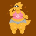  alphys anthro barefoot belly bottomwear breasts buckteeth chubby_female clothing eyewear feet female glasses midriff monster navel naycelium reptile scalie shirt shorts solo teeth thick_thighs topwear undertale_(series) 