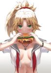  1girl alternate_costume blonde_hair breasts burger commentary_request crop_top eating fate/apocrypha fate_(series) food gradient_background green_eyes hair_ornament hair_scrunchie highres holding holding_food jewelry long_hair looking_at_viewer mordred_(fate) navel neckerchief necklace no_bra open_clothes open_shirt red_neckerchief red_scrunchie scrunchie short_sleeves solo tonee upper_body 