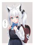  1girl absurdres aged_down ahoge animal_ears aqua_eyes backpack bag belt black_belt black_bow blue_bow blue_bowtie blue_dress blush bow bowtie braid commentary_request cosplay dress fox_ears fox_girl gomrang hair_bow highres holding_strap hololive indie_virtual_youtuber looking_at_viewer miteiru_(shirakami_fubuki) randoseru red_bag shigure_ui_(vtuber) shigure_ui_(vtuber)_(cosplay) shigure_ui_(young)_(vtuber) shirakami_fubuki shirt short_hair shukusei!!_loli-gami_requiem side_braid sidelocks solo tongue tongue_out translation_request twintails white_hair white_shirt 