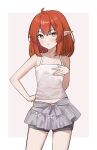 1girl :o absurdres ahoge bare_arms bare_shoulders brown_eyes camisole collarbone commentary_request grey_shorts grey_skirt hair_ornament hairclip hand_up helck highres looking_at_viewer nagisa_(cxcx5235) parted_lips pink_background pleated_skirt pointy_ears red_hair short_shorts shorts shorts_under_skirt skirt solo two-tone_background vermilio_(helck) white_background white_camisole 
