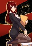  1girl absurdres black_jacket black_skirt blueriest breasts chair cleavage closed_mouth collared_shirt folder glasses hand_on_own_thigh high_heels highres holding holding_folder jacket knee_up leg_up long_hair looking_at_viewer office_lady pantyhose pencil_skirt persona persona_5 red_eyes red_hair shirt skirt smile solo thighs three-toned_background yoshizawa_kasumi 