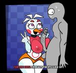  animatronic anthro areola avian balls beak big_breasts big_penis bird blue_background bodily_fluids breasts checkered_background chicken clothing crushtrap dialogue duo eyelashes female five_nights_at_freddy&#039;s freddy_fazbear&#039;s_pizzeria_simulator funtime_chica_(fnaf) galliform gallus_(genus) genitals gesture grey_body head_feathers head_tuft huge_breasts human looking_away machine male male/female mammal nipples nude orange_clothing orange_panties orange_underwear panties pattern_background penis phasianid pink_areola pink_eyes pink_nipples robot rosy_cheeks scottgames simple_background sweat sweatdrop text thick_thighs tuft underwear v_sign vein veiny_penis white_body wide_hips 