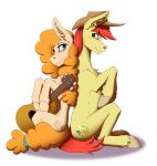  absurd_res blue_eyes blush bright_mac_(mlp) clothing cowboy_hat cutie_mark duo earth_pony equid equine female friendship_is_magic fur green_eyes guitar hair hasbro hat headgear headwear hi_res hooves horse male mammal musical_instrument my_little_pony orange_hair pear_butter_(mlp) plucked_string_instrument pony red_hair simple_background sitting string_instrument twotail813 white_background yellow_body yellow_fur 