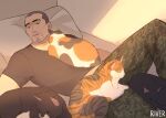  1boy animal_on_lap artist_name black_hair black_shirt camouflage camouflage_pants cat cat_on_ass cat_on_lap cat_on_person closed_eyes eyebrow_cut facial_hair highres hirivvy indoors lying male_focus multiple_cats on_back on_bed on_lap open_mouth pants ryuu_ga_gotoku_(series) saejima_taiga shaved_head shirt short_hair sleeping very_short_hair 