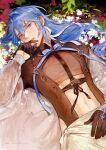  1boy abs blue_eyes brooch edmond_(nu_carnival) field flower flower_field gloves half_gloves hand_on_own_crotch hand_on_own_face highres hip_vent jewelry long_hair long_sleeves low-braided_long_hair lying male_focus navel neck_ribbon nu_carnival on_back parted_lips puffy_long_sleeves puffy_sleeves puthialt ribbon ribbon_braid ribbon_earrings see-through see-through_shirt see-through_sleeves solo 