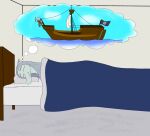  2023 absurd_res anthro bed bedroom dated detailed_background digital_drawing_(artwork) digital_media_(artwork) dinosaur dream fang_(gvh) female furniture goodbye_volcano_high grey_body grey_scales hair hi_res inside long_hair lying melee_weapon on_side pirate pterodactylus pterosaur reptile scales scalie sea ship signature silver_hair sleeping smile snoot_game snout solo sword thought_bubble under_covers vehicle water watercraft weapon yellingbox 
