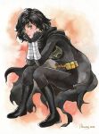  1girl animal_print animification bat_print batgirl batman_(series) belt black_bodysuit black_hair bodysuit cape cassandra_cain commission cowl dc_comics english_commentary full_body highres sao_(saowee) sitting solo superhero utility_belt western_comics_(style) 