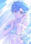  1girl bikini bishoujo_senshi_sailor_moon blue_bikini blue_eyes blue_hair breasts cleavage earrings frilled_bikini frills highres jewelry lips messy_hair midriff mizuno_ami navel short_hair solo stud_earrings swimsuit t_growing 