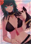  bikini black_bikini black_cape blue_eyes blue_hair breasts byleth_(female)_(fire_emblem) byleth_(female)_(summer)_(fire_emblem) byleth_(fire_emblem) cape cleavage cloud commentary_request fingernails fire_emblem fire_emblem:_three_houses fire_emblem_heroes flower hair_flower hair_ornament hibiscus large_breasts long_hair looking_at_viewer mocha_(motiko0419) navel official_alternate_costume red_flower sky stomach swimsuit twitter_username very_long_hair wet 