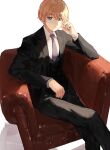  1boy black_pants black_suit blonde_hair chair closed_mouth collared_shirt crossed_legs expressionless formal hayasimaru head_rest highres hoshino_aquamarine male_focus necktie oshi_no_ko pants purple_necktie shirt short_hair sitting solo suit white_background white_shirt 