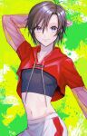  black_hair crop_top grey_eyes highres hood hoodie idolmaster kikuchi_makoto looking_at_viewer mame88ta midriff pants short_hair smile splatter_background 