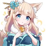  1girl animal_ear_fluff animal_ears aqua_kimono azur_lane bell blonde_hair blue_eyes blue_kimono blunt_bangs blush commentary_request fox_ears fox_girl fox_tail fur_scarf hair_ornament hairpin hand_on_own_chin highres japanese_clothes jewelry kimono long_hair looking_at_viewer low_twintails marui_kado medium_hair neck_bell niizuki_(azur_lane) parted_lips scarf signature simple_background solo tail tearing_up twintails upper_body white_background white_scarf 
