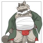  2023 anthro asian_clothing belly big_belly brown_body bulge canid canine clothing east_asian_clothing fundoshi hi_res hysk japanese_clothing kemono male mammal moobs overweight overweight_male raccoon_dog red_clothing red_fundoshi red_underwear solo tanuki underwear 