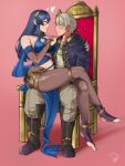  1boy 1girl arm_around_shoulder blue_eyes blue_hair blue_nails blue_shawl breasts bridal_gauntlets bridal_legwear chair cleavage coat cosplay crossed_legs delicious_brain dorothea_arnault_(plegian) dorothea_arnault_(plegian)_(cosplay) fire_emblem fire_emblem_awakening fire_emblem_heroes grey_hair heart lips looking_at_another lucina_(fire_emblem) medium_breasts midriff_peek nail_polish on_chair pantyhose purple_coat robin_(fire_emblem) robin_(male)_(fire_emblem) shawl sitting sitting_on_person smile thick_thighs thighs 