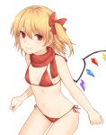  1girl bare_arms bare_shoulders bikini blonde_hair blush bow breasts closed_mouth commentary_request cowboy_shot crystal embarrassed flandre_scarlet groin hair_between_eyes hair_bow highres looking_at_viewer miyo_(ranthath) navel one_side_up rainbow_order red_bikini red_bow red_eyes red_scarf scarf short_hair side-tie_bikini_bottom simple_background small_breasts solo split_mouth stomach sweat swimsuit thighs touhou white_background wings 