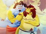  2023 anthro belly blue_body blush dober dragon duo fish-men_(one_piece) hi_res humanoid_hands jinbe male marine moobs nipples one_piece overweight overweight_male yellow_body 