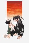  1boy 1girl ankle_wrap black_hair child closed_mouth dororo_(character) dororo_(tezuka) female_child hands_on_another&#039;s_cheeks hands_on_another&#039;s_face hyakkimaru_(dororo) kneeling long_hair looking_at_another medium_hair pants ponytail sakamoto_bin shirt simple_background smile squatting white_background 