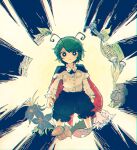  1girl acorn antennae black_cape black_flower black_shorts buttons cape closed_mouth collared_shirt feet_out_of_frame flower green_eyes green_hair highres itomugi-kun leaf long_sleeves pinecone red_cape shirt short_hair shorts solo touhou white_shirt wriggle_nightbug 