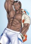  1boy abs absurdres arm_behind_head armpit_hair armpits bara bare_pectorals beard buzz_cut chinstrap_beard come_hither dark-skinned_male dark_skin facial_hair feet_out_of_frame grey_hair highres ks045art large_pectorals looking_at_viewer male_focus mature_male murdock_(pokemon) muscular muscular_male navel navel_hair nipples open_clothes open_shirt pectorals pokemon pokemon_(anime) seductive_smile short_hair shorts sideburns smile sparse_chest_hair sparse_navel_hair stomach thick_eyebrows veiny_crotch very_short_hair white_shorts 